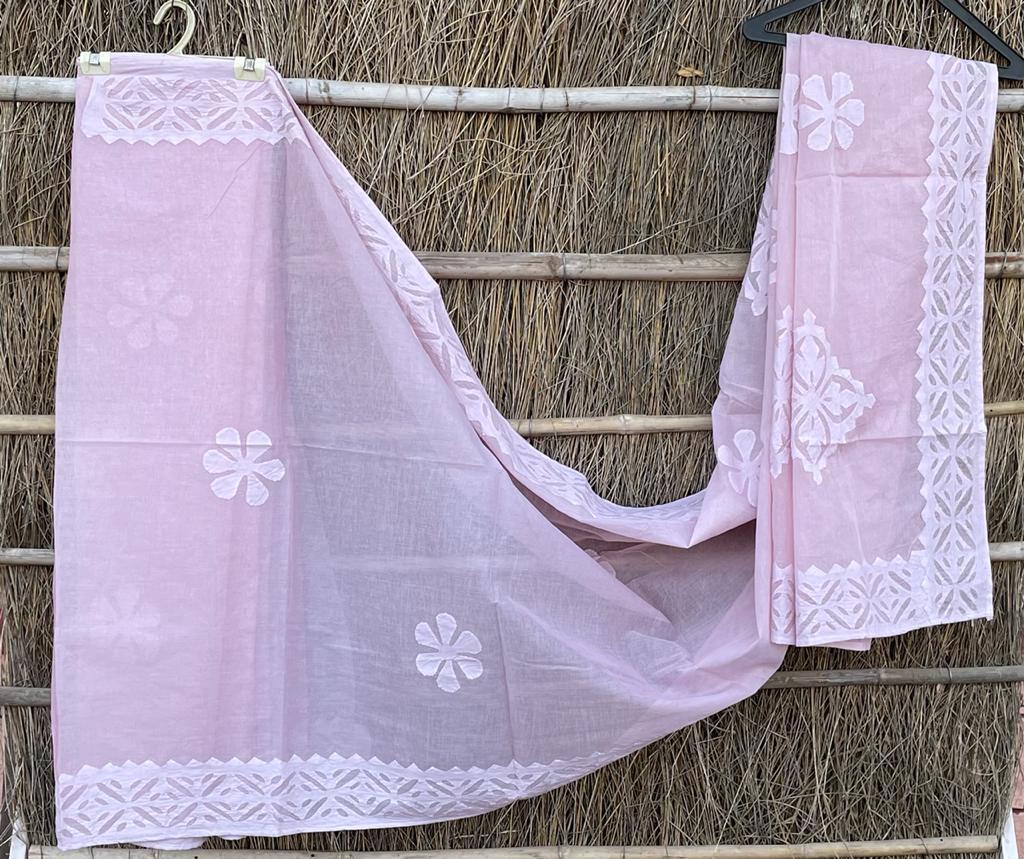 Handmade Applique Work Saree - Organdy & Cotton 5.5m Saree with 80" Blouse