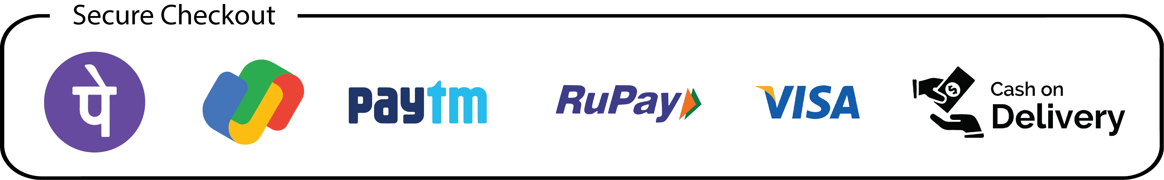 Logos of various payment methods including Paytm, RuPay, Visa, and more on a white background.
