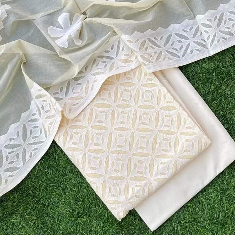 Premium Handcrafted Applique Work in Cotton & Organdy Unstitched Suit | 3-Piece