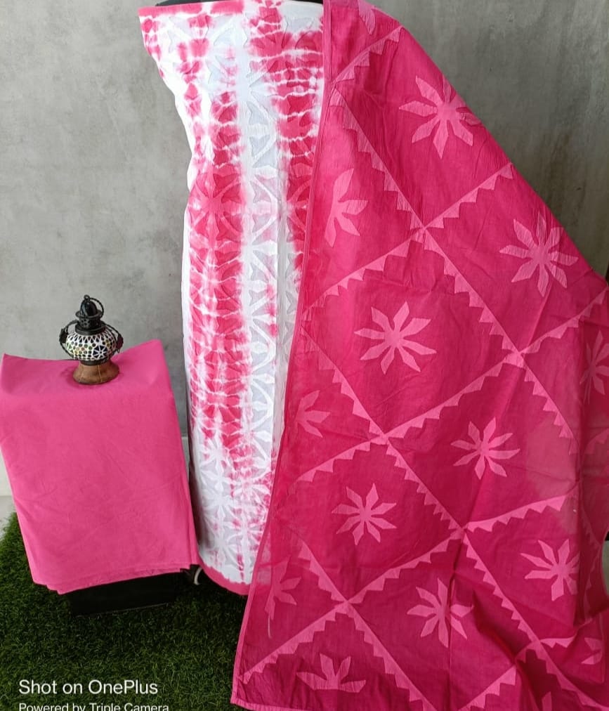 Elegant Unstitched Tie & Dye Cotton and Organdy Suit with Applique Detailing - 3 Piece