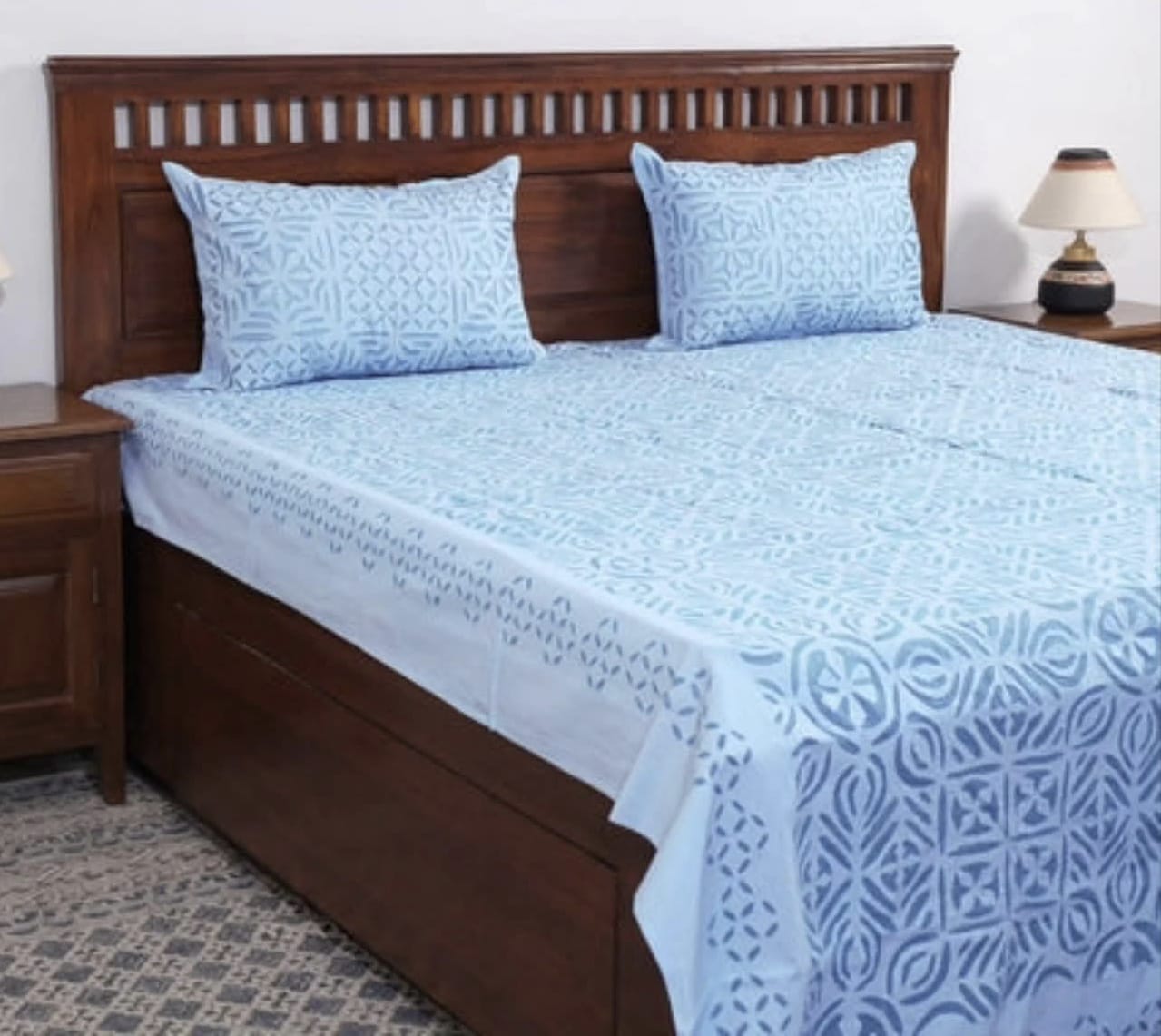 Handcrafted Applique Double Bedsheet (90"x108") with Pillow (17"x27") in Cotton with Organdy Accents