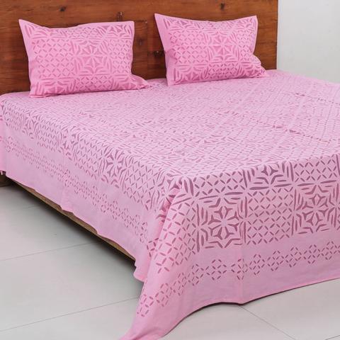 Handcrafted Applique Double Bedsheet (90"x108") with Pillow (17"x27") in Cotton with Organdy Accents