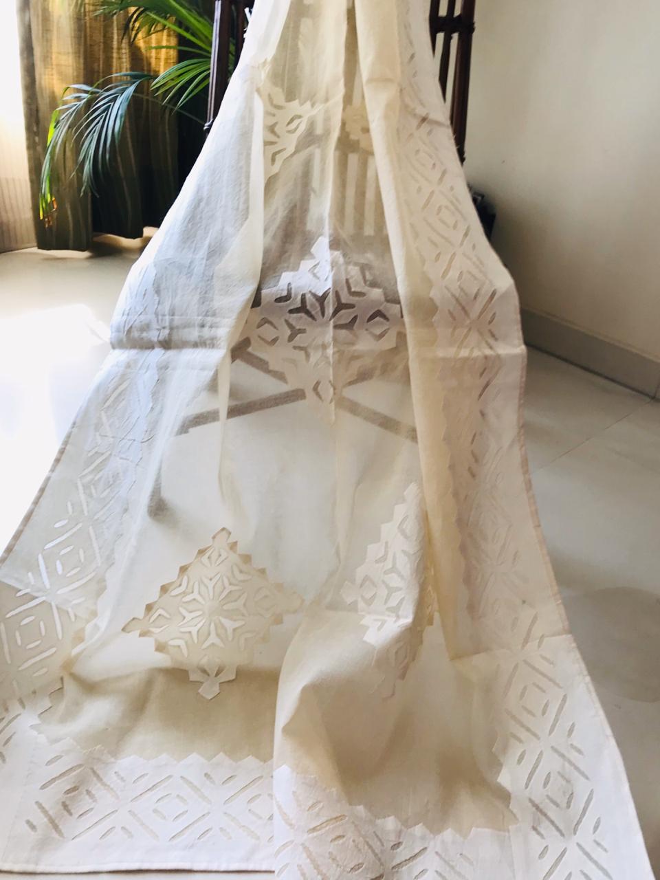 Handcrafted Premium Full-Size Applique Work Dupatta | Organdy Cotton | 43" x 2.5m