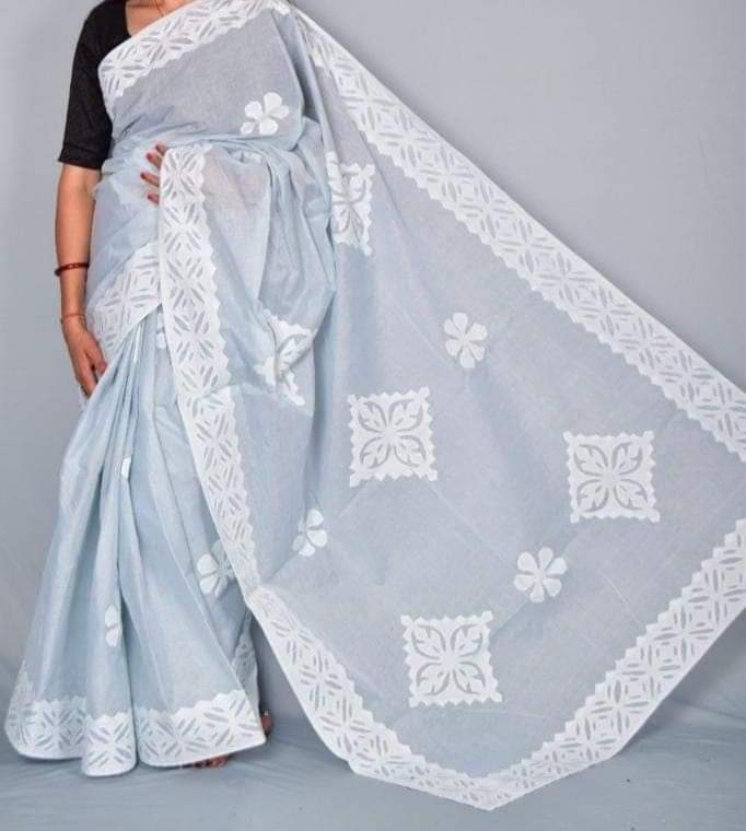 Handmade Applique Work Saree - Organdy & Cotton 5.5m Saree with 80" Blouse