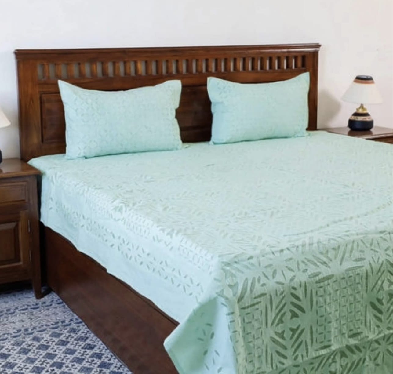 Handcrafted Applique Double Bedsheet (90"x108") with Pillow (17"x27") in Cotton with Organdy Accents