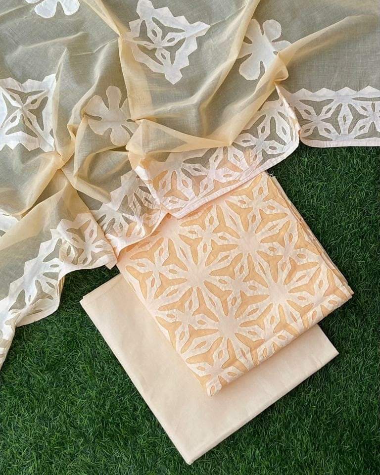 Premium Handcrafted Applique Work in Cotton & Organdy Unstitched Suit | 3-Piece