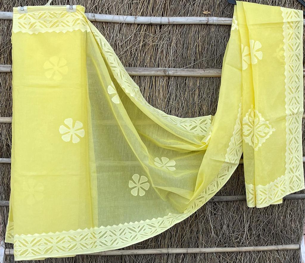 Handmade Applique Work Saree - Organdy & Cotton 5.5m Saree with 80" Blouse