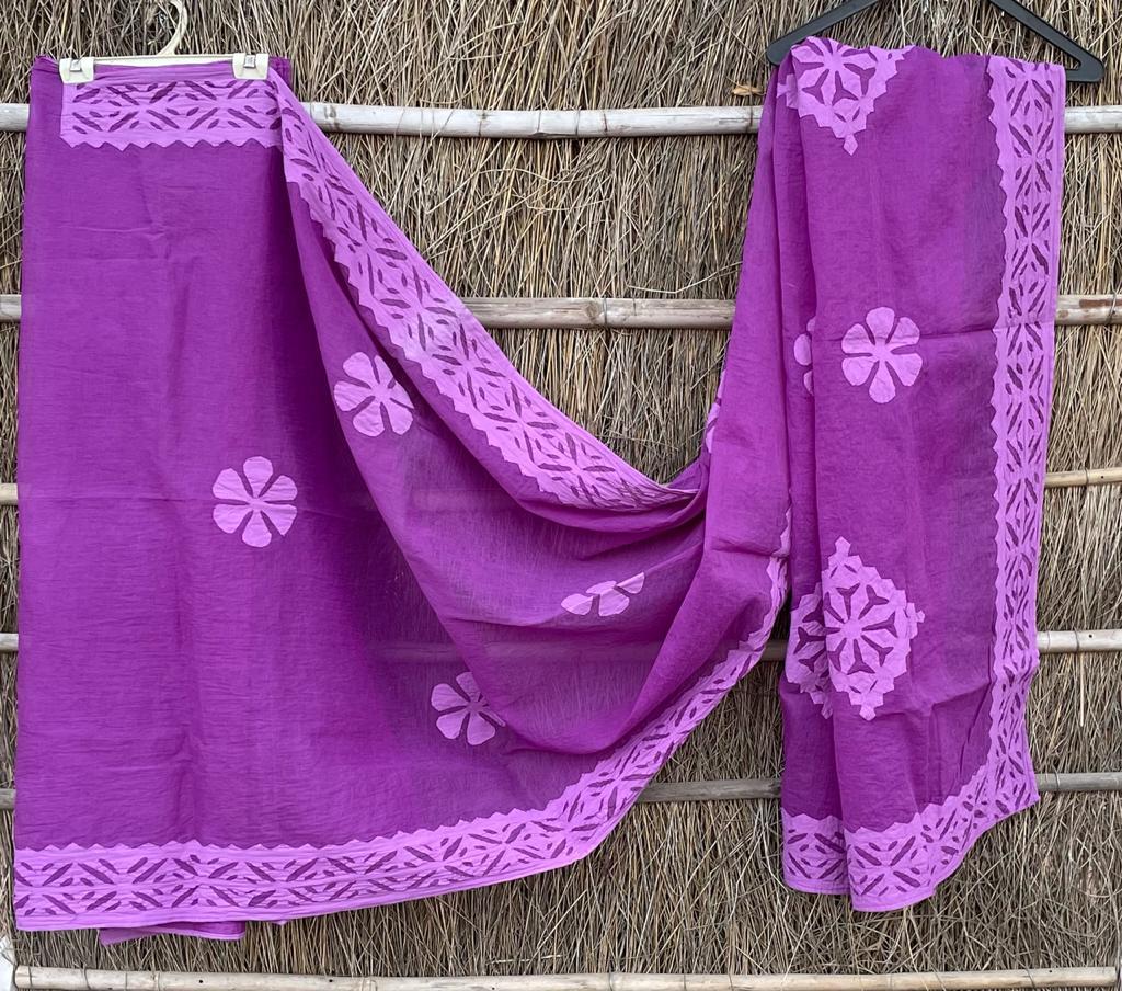 Handmade Applique Work Saree - Organdy & Cotton 5.5m Saree with 80" Blouse