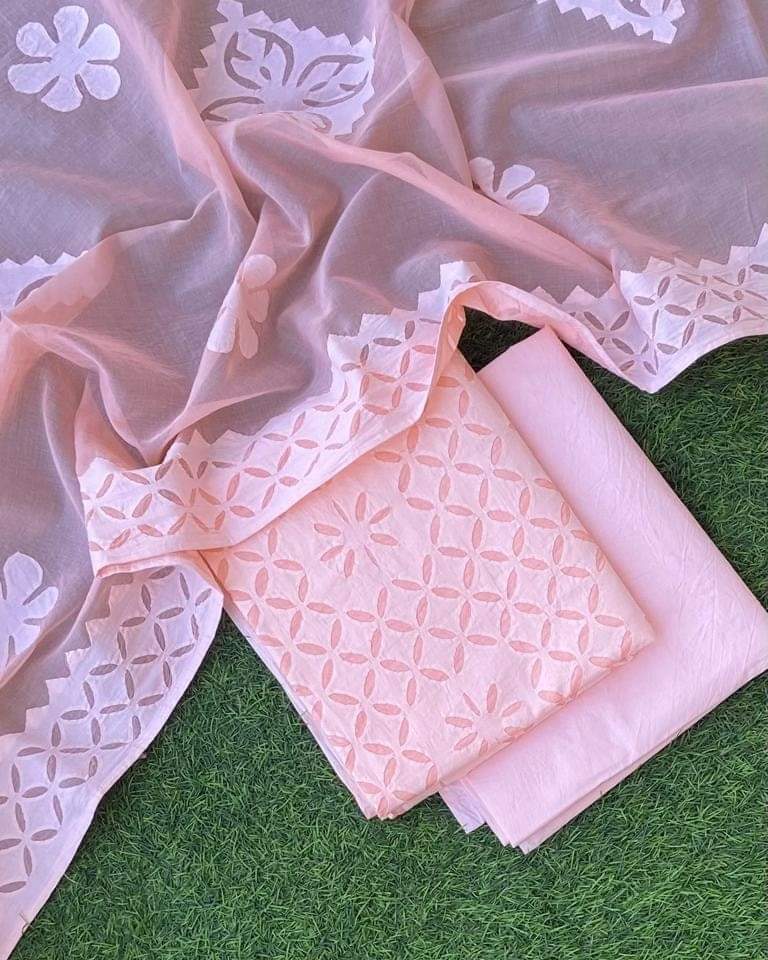 Premium Handcrafted Applique Work in Cotton & Organdy Unstitched Suit | 3-Piece