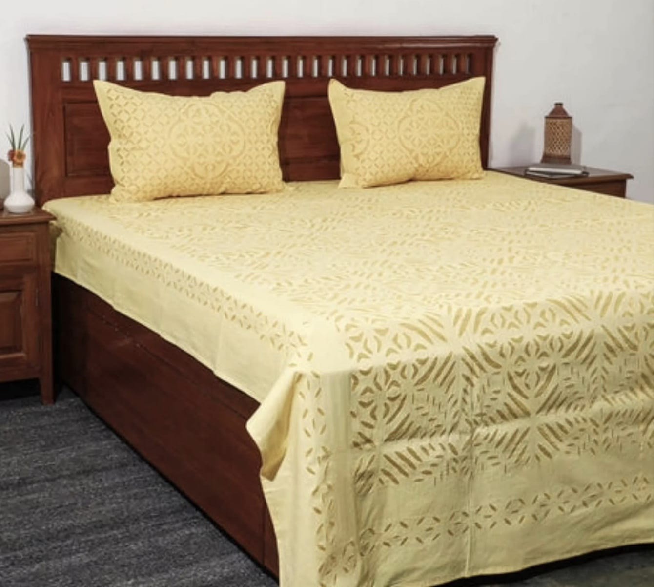 Handcrafted Applique Double Bedsheet (90"x108") with Pillow (17"x27") in Cotton with Organdy Accents