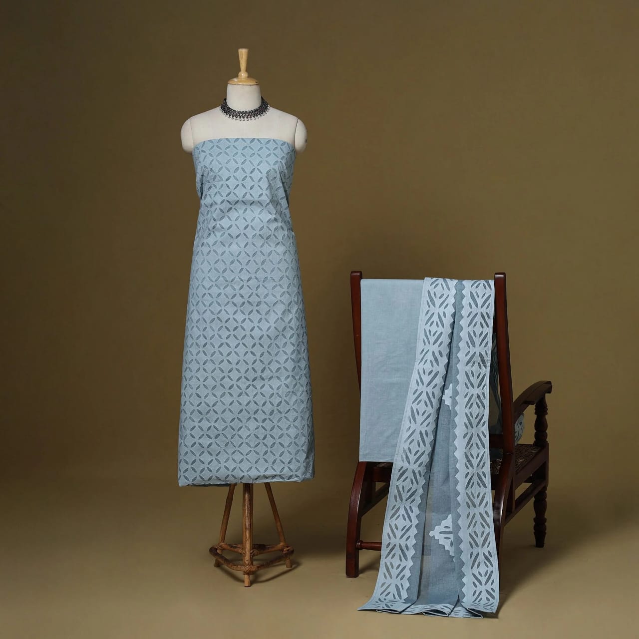 Premium Handcrafted Barmeri Applique Cut Work 3pc Dress Material | Cotton & Organdy | 107