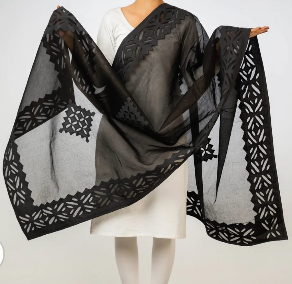 Premium Handcrafted Applique Work Dupatta in Organdy & Cotton (2.5m x 34")