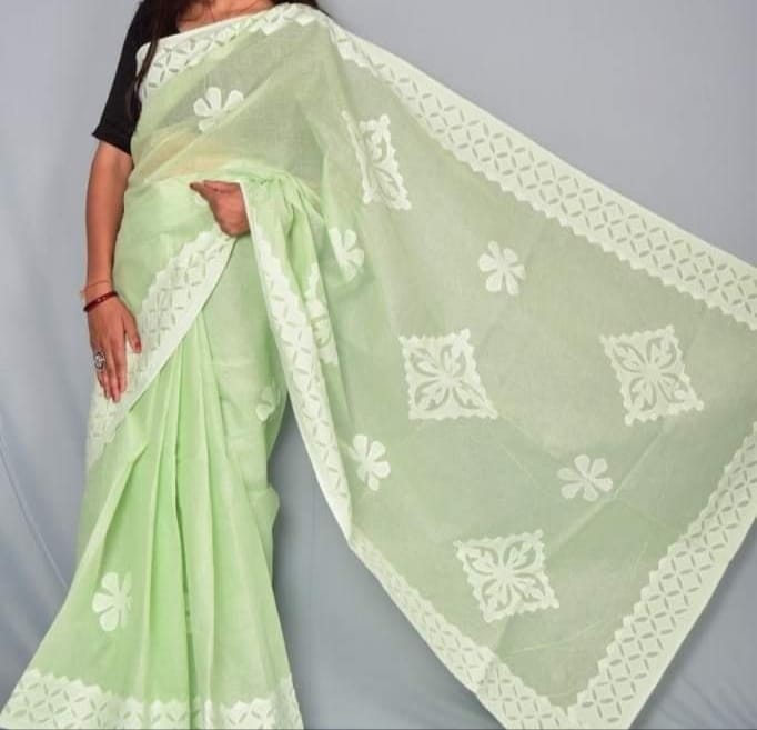 Handmade Applique Work Saree - Organdy & Cotton 5.5m Saree with 80" Blouse
