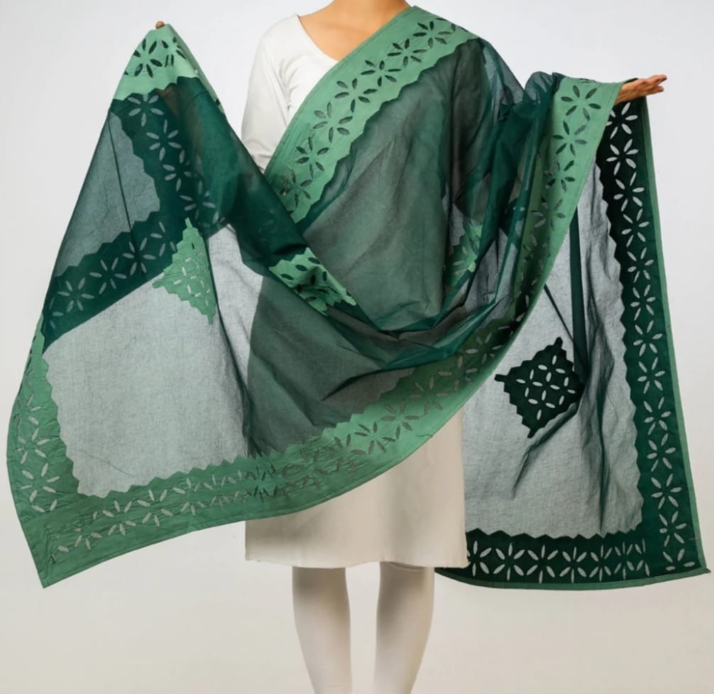 Premium Handcrafted Applique Work Dupatta in Organdy & Cotton (2.5m x 34")