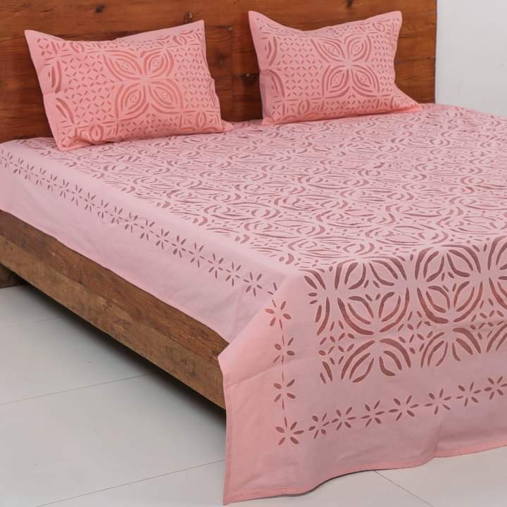Handcrafted Applique Double Bedsheet (90"x108") with Pillow (17"x27") in Cotton with Organdy Accents