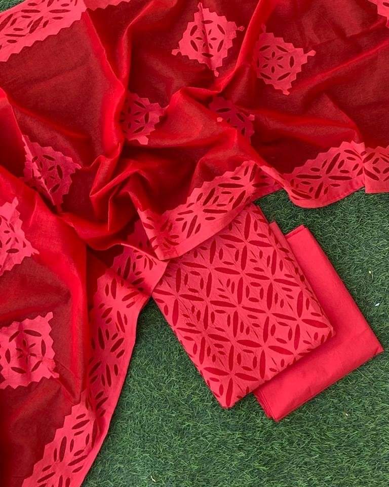 Premium Handcrafted Applique Work in Cotton & Organdy Unstitched Suit | 3-Piece