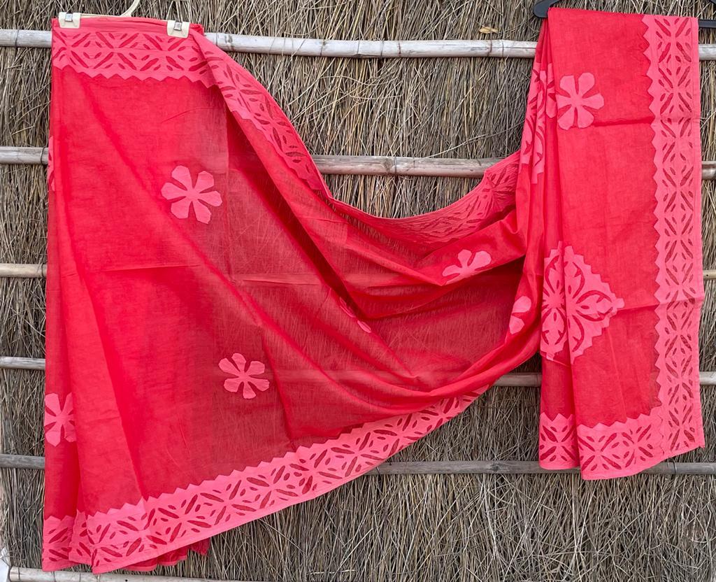 Handmade Applique Work Saree - Organdy & Cotton 5.5m Saree with 80" Blouse