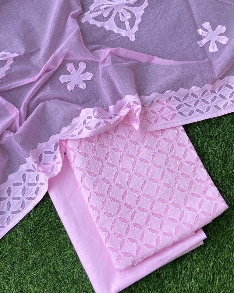 Premium Handcrafted Applique Work in Cotton & Organdy Unstitched Suit | 3-Piece