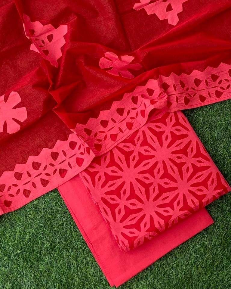 Premium Handcrafted Applique Work in Cotton & Organdy Unstitched Suit | 3-Piece