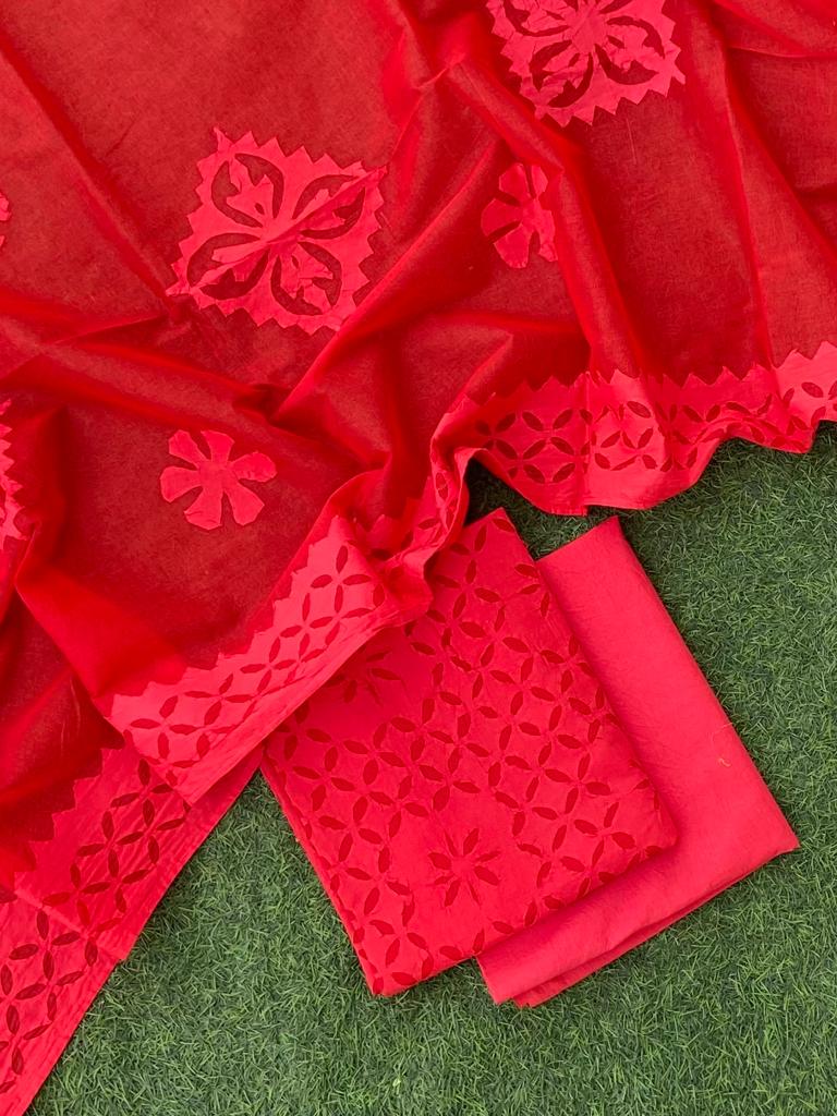 Premium Handcrafted Applique Work in Cotton & Organdy Unstitched Suit | 3-Piece