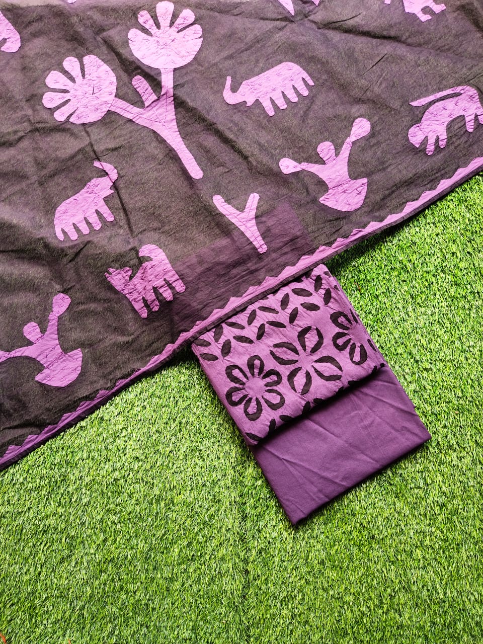 Exquisite Applique Work Unstitched Cotton & Organdy Suit — (3 Piece - 2.5m Each)