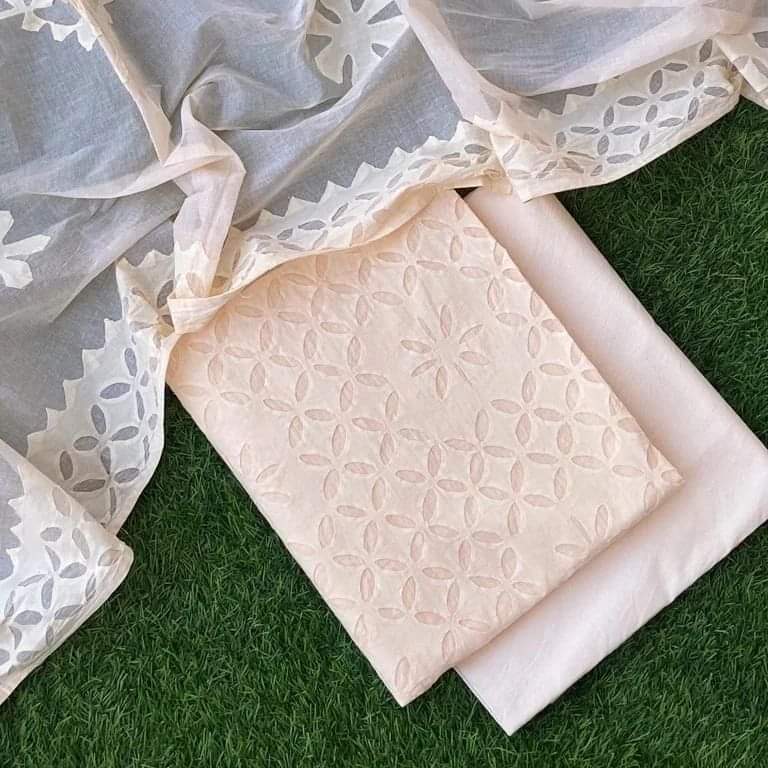 Premium Handcrafted Applique Work in Cotton & Organdy Unstitched Suit | 3-Piece