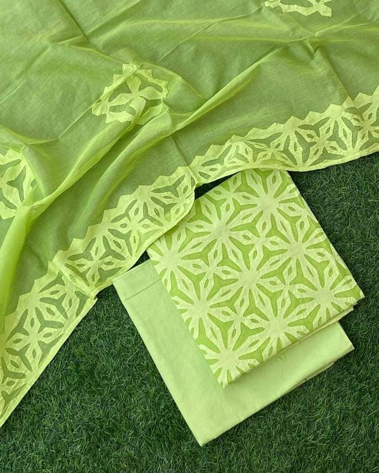 Premium Handcrafted Applique Work in Cotton & Organdy Unstitched Suit | 3-Piece