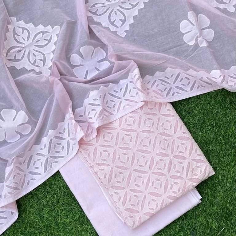 Premium Handcrafted Applique Work in Cotton & Organdy Unstitched Suit | 3-Piece
