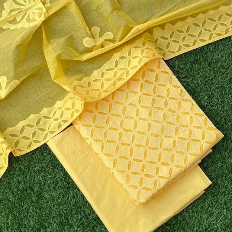 Premium Handcrafted Applique Work in Cotton & Organdy Unstitched Suit | 3-Piece