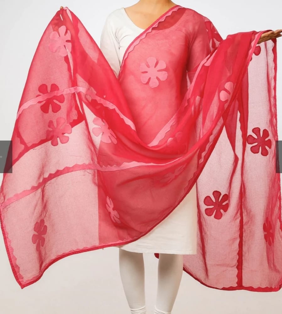 Premium Handcrafted Applique Work Dupatta in Organdy & Cotton (2.5m x 34")