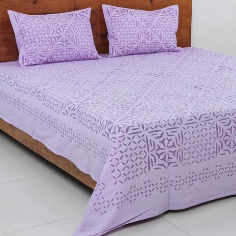 Handcrafted Applique Double Bedsheet (90"x108") with Pillow (17"x27") in Cotton with Organdy Accents