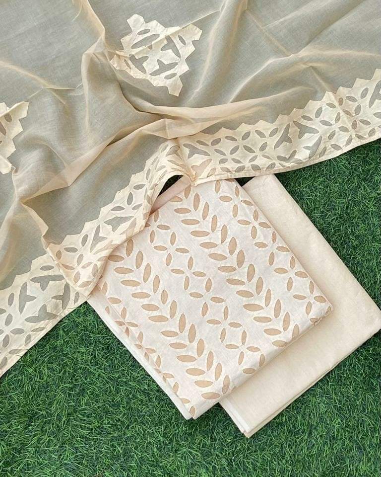 Premium Handcrafted Applique Work in Cotton & Organdy Unstitched Suit | 3-Piece