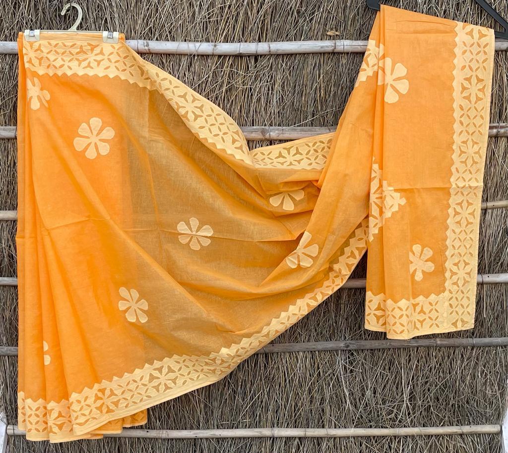 Handmade Applique Work Saree - Organdy & Cotton 5.5m Saree with 80" Blouse