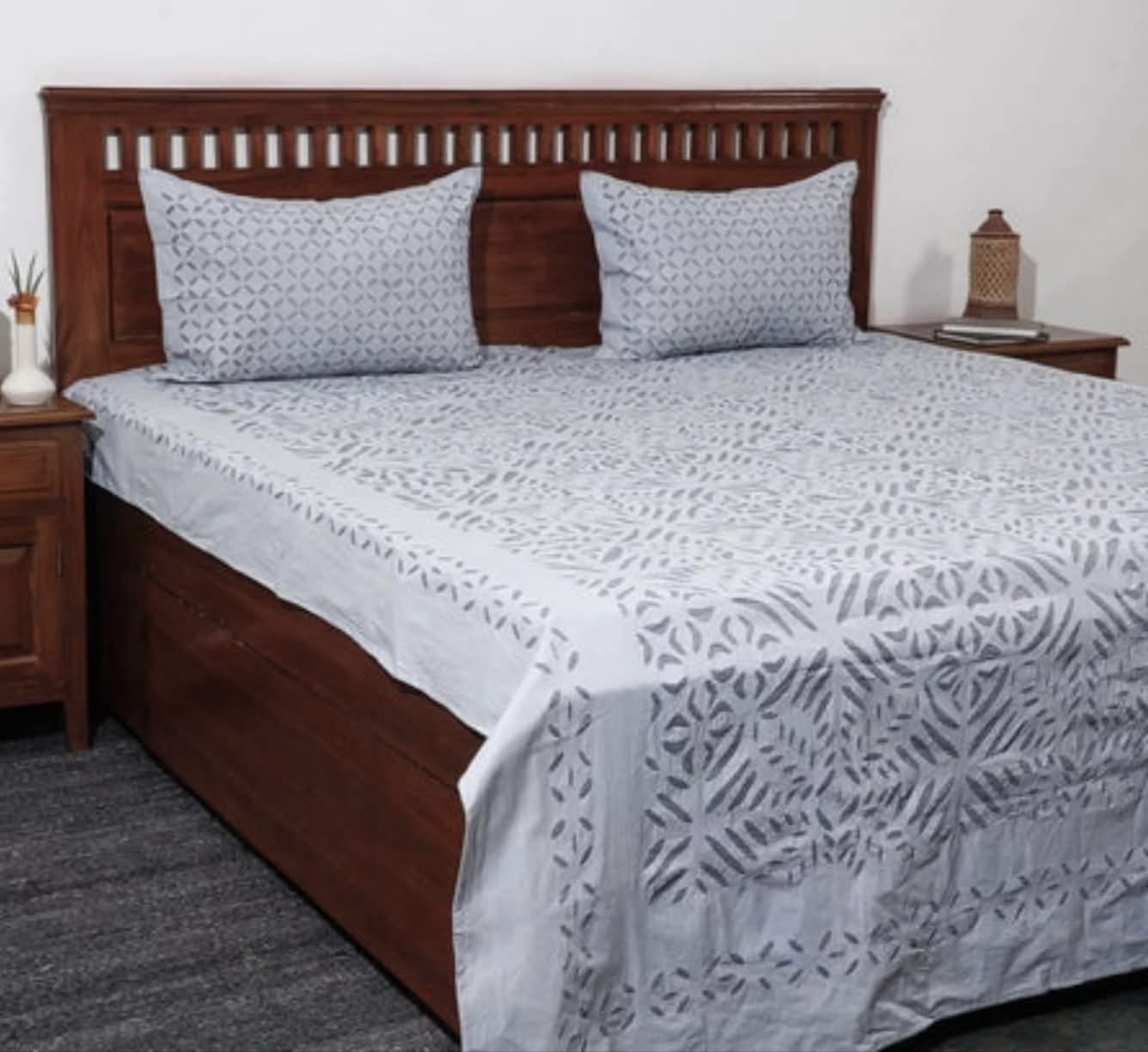 Handcrafted Applique Double Bedsheet (90"x108") with Pillow (17"x27") in Cotton with Organdy Accents