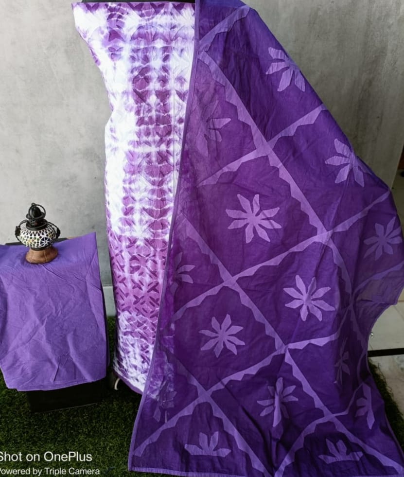 Elegant Unstitched Tie & Dye Cotton and Organdy Suit with Applique Detailing - 3 Piece