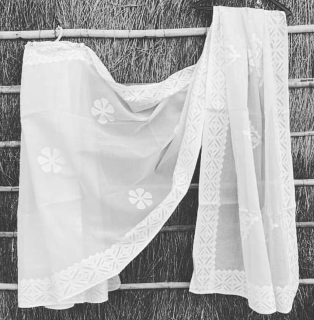 Handmade Applique Work Saree - Organdy & Cotton 5.5m Saree with 80" Blouse