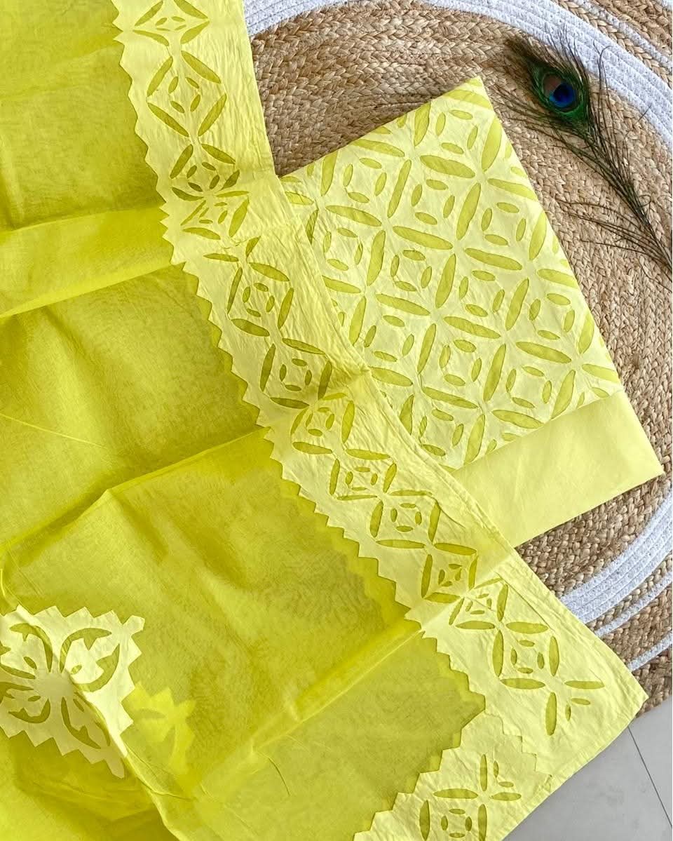 Premium Handcrafted Applique Work in Cotton & Organdy Unstitched Suit | 3-Piece