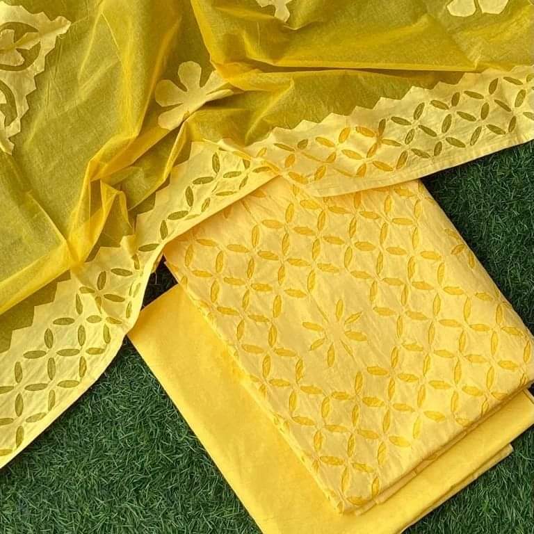 Premium Handcrafted Applique Work in Cotton & Organdy Unstitched Suit | 3-Piece