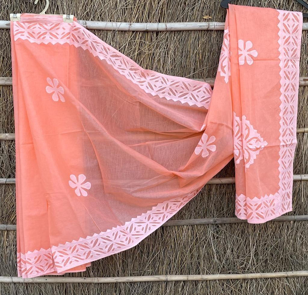 Handmade Applique Work Saree - Organdy & Cotton 5.5m Saree with 80" Blouse