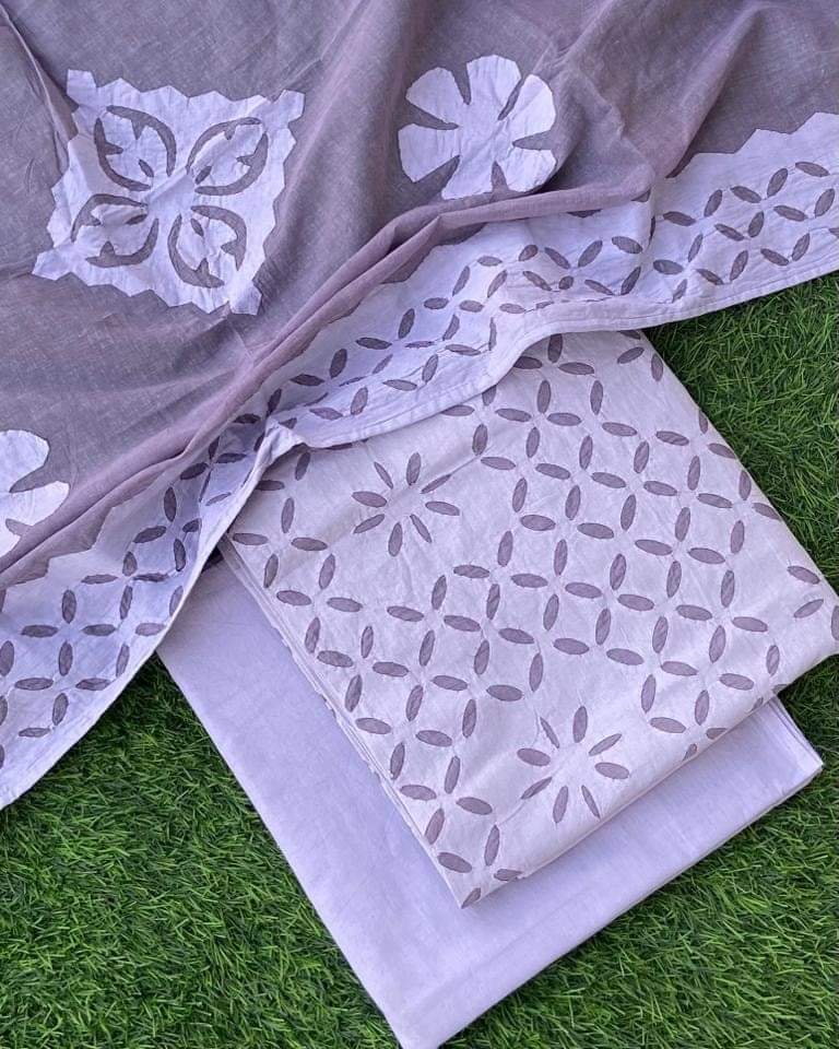 Premium Handcrafted Applique Work in Cotton & Organdy Unstitched Suit | 3-Piece