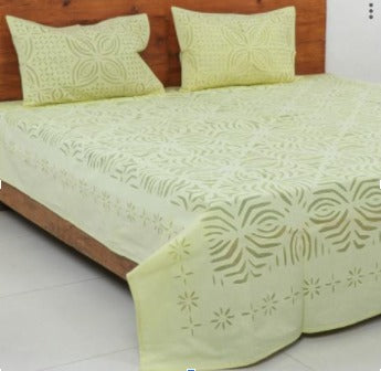 Handcrafted Applique Double Bedsheet (90"x108") with Pillow (17"x27") in Cotton with Organdy Accents