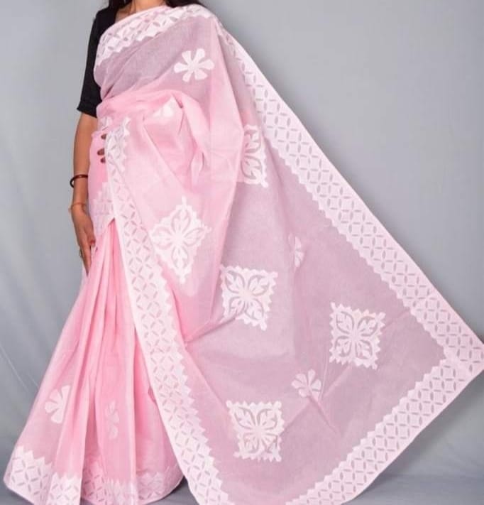 Handmade Applique Work Saree - Organdy & Cotton 5.5m Saree with 80" Blouse