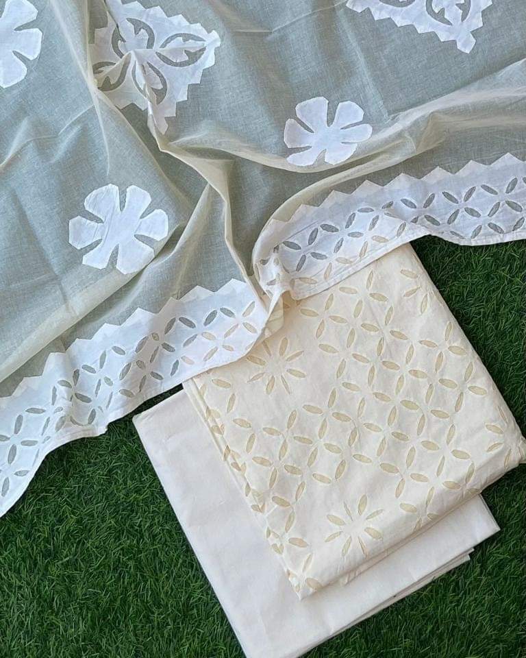Premium Handcrafted Applique Work in Cotton & Organdy Unstitched Suit | 3-Piece