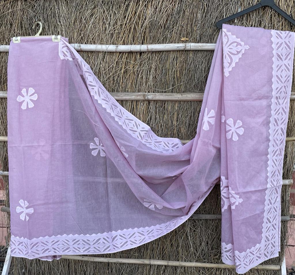 Handmade Applique Work Saree - Organdy & Cotton 5.5m Saree with 80" Blouse