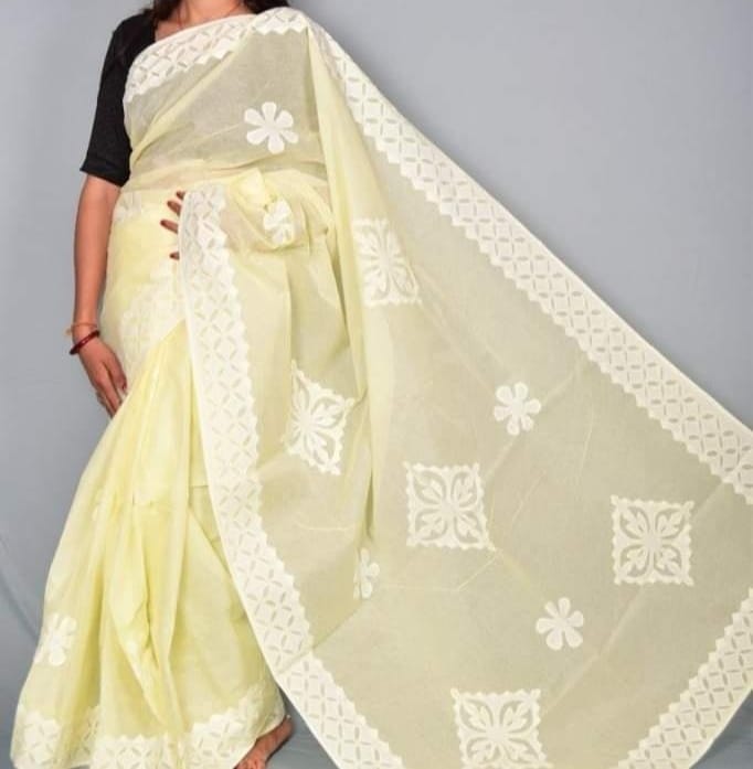 Handmade Applique Work Saree - Organdy & Cotton 5.5m Saree with 80" Blouse