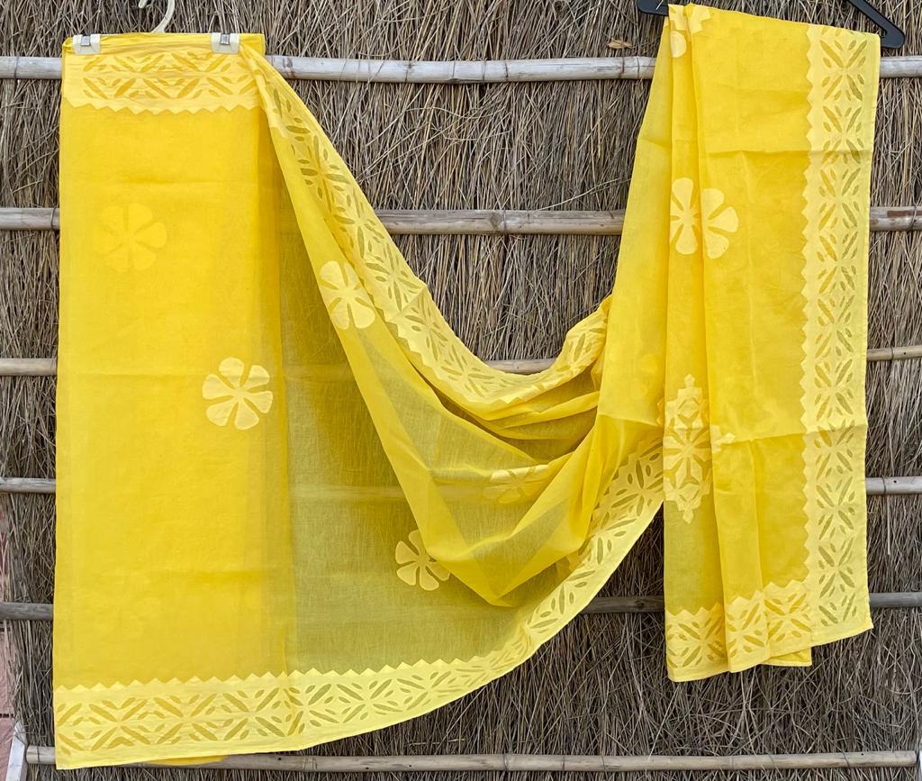 Handmade Applique Work Saree - Organdy & Cotton 5.5m Saree with 80" Blouse