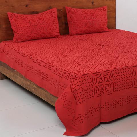 Handcrafted Applique Double Bedsheet (90"x108") with Pillow (17"x27") in Cotton with Organdy Accents