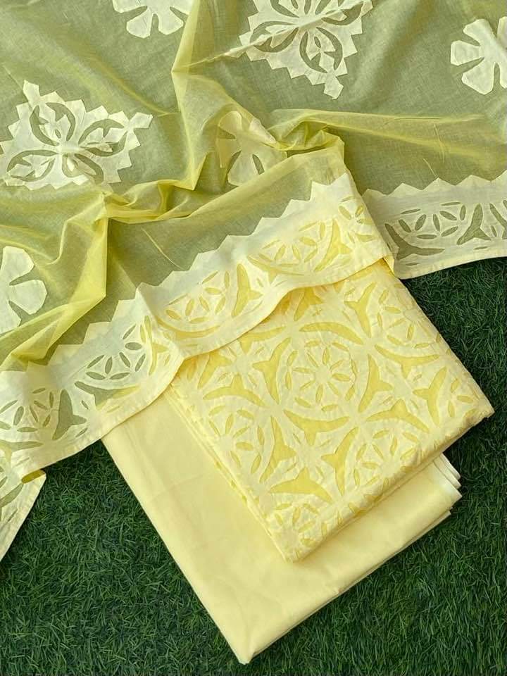 Premium Handcrafted Applique Work in Cotton & Organdy Unstitched Suit | 3-Piece