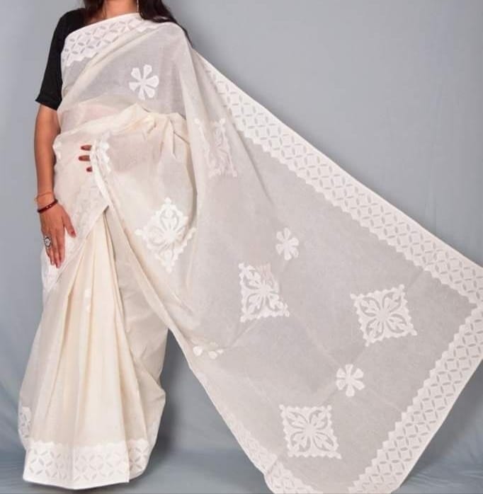 Handmade Applique Work Saree - Organdy & Cotton 5.5m Saree with 80" Blouse