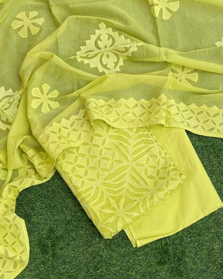 Premium Handcrafted Applique Work in Cotton & Organdy Unstitched Suit | 3-Piece
